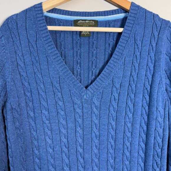 Vintage Eddie Bauer Cable Knit V-Neck Sweater Pullover Women's Large Blue Soft - Picture 5 of 11